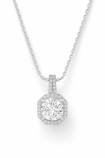 Octagon Halo Solitaire Zircon Pendant Necklace for Women 925 Silver Finish Elegant Party and Daily Wear Chain