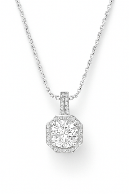 Octagon Halo Solitaire Zircon Pendant Necklace for Women 925 Silver Finish Elegant Party and Daily Wear Chain