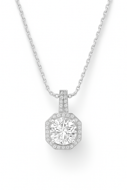 Octagon Halo Solitaire Zircon Pendant Necklace for Women 925 Silver Finish Elegant Party and Daily Wear Chain
