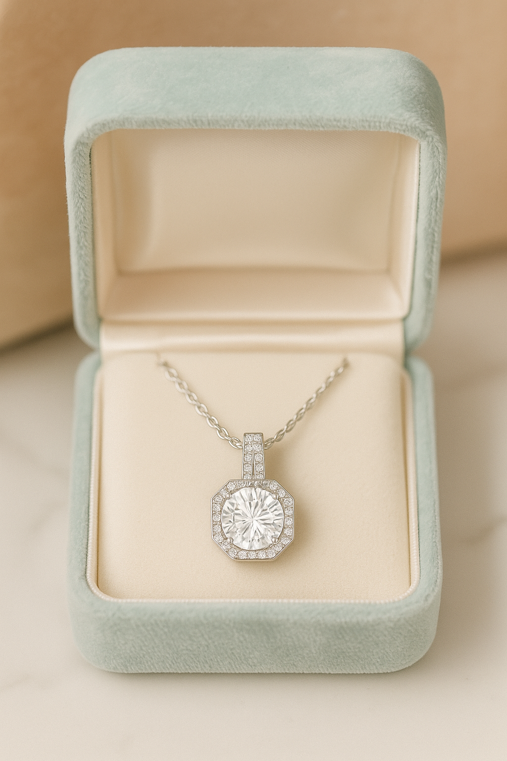 Octagon Halo Solitaire Zircon Pendant Necklace for Women 925 Silver Finish Elegant Party and Daily Wear Chain