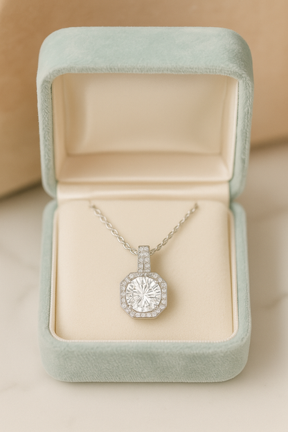 Octagon Halo Solitaire Zircon Pendant Necklace for Women 925 Silver Finish Elegant Party and Daily Wear Chain