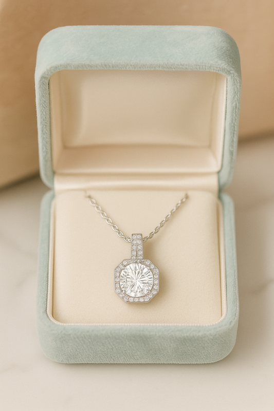 Octagon Halo Solitaire Zircon Pendant Necklace for Women 925 Silver Finish Elegant Party and Daily Wear Chain