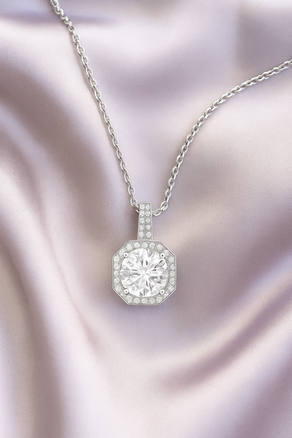 Octagon Halo Solitaire Zircon Pendant Necklace for Women 925 Silver Finish Elegant Party and Daily Wear Chain