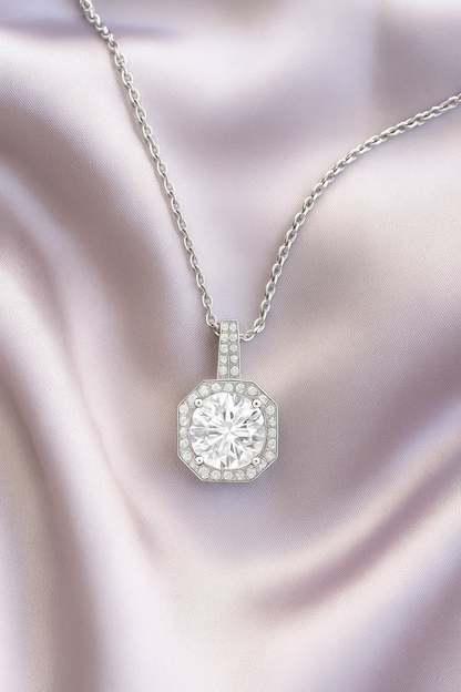 Octagon Halo Solitaire Zircon Pendant Necklace for Women 925 Silver Finish Elegant Party and Daily Wear Chain