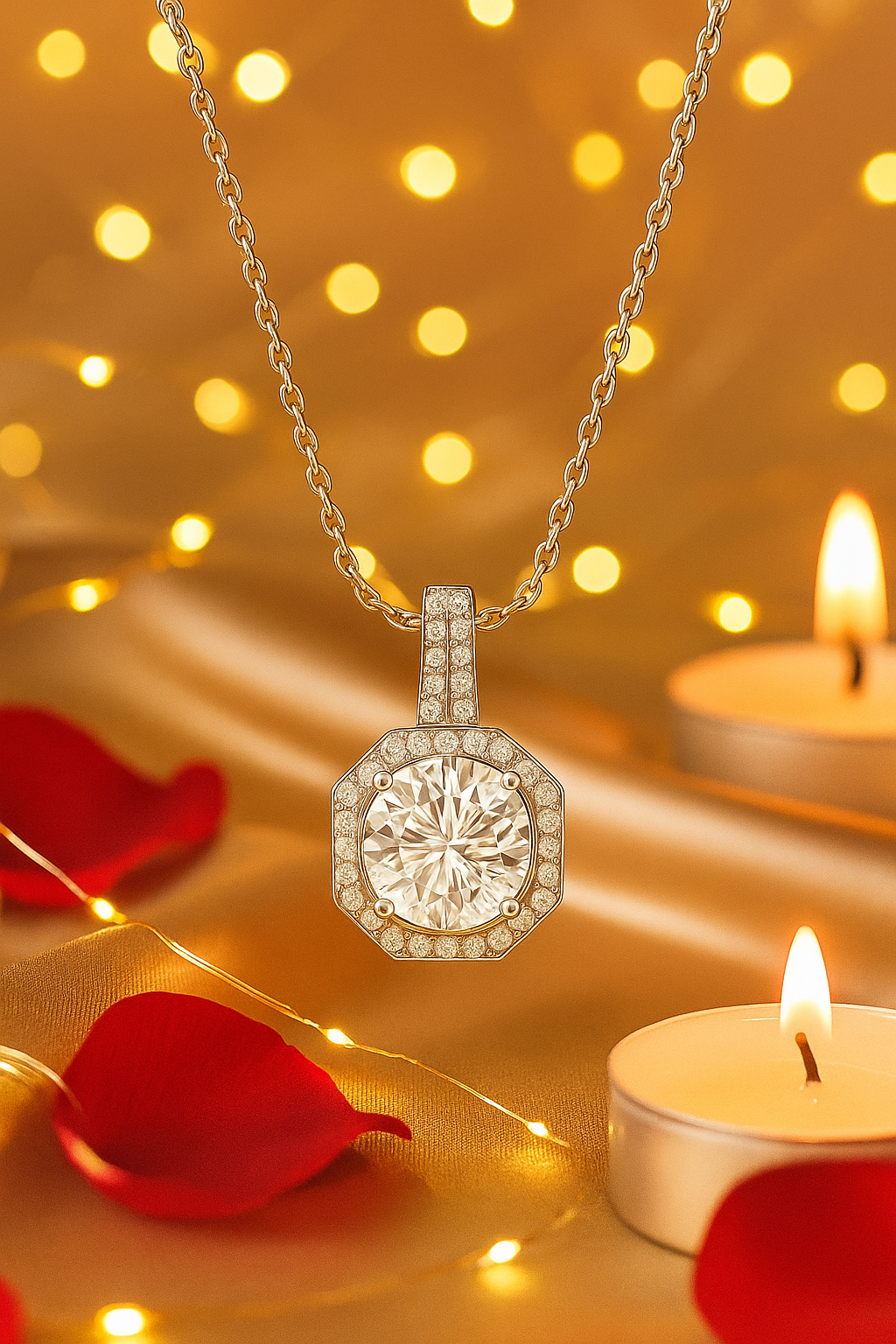 Octagon Halo Solitaire Zircon Pendant Necklace for Women 925 Silver Finish Elegant Party and Daily Wear Chain