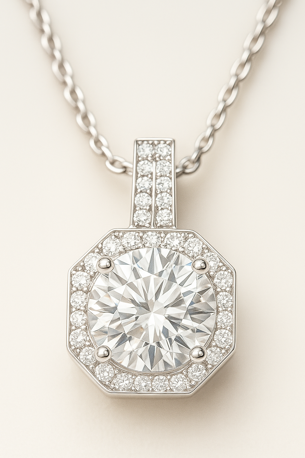 Octagon Halo Solitaire Zircon Pendant Necklace for Women 925 Silver Finish Elegant Party and Daily Wear Chain