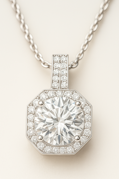 Octagon Halo Solitaire Zircon Pendant Necklace for Women 925 Silver Finish Elegant Party and Daily Wear Chain