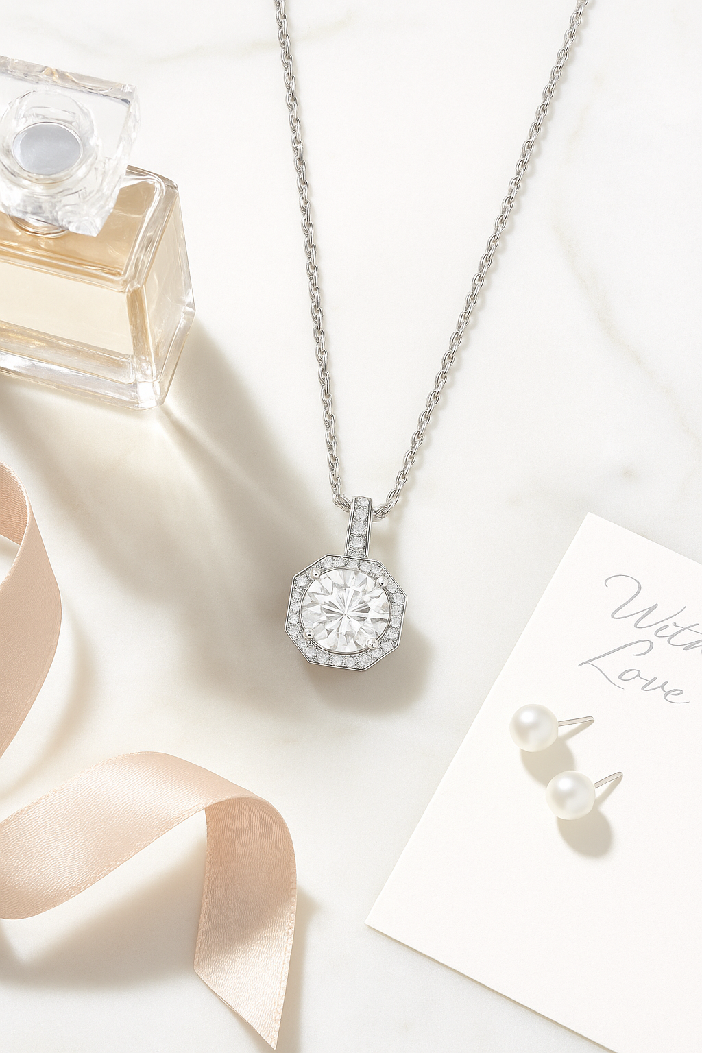 Octagon Halo Solitaire Zircon Pendant Necklace for Women 925 Silver Finish Elegant Party and Daily Wear Chain