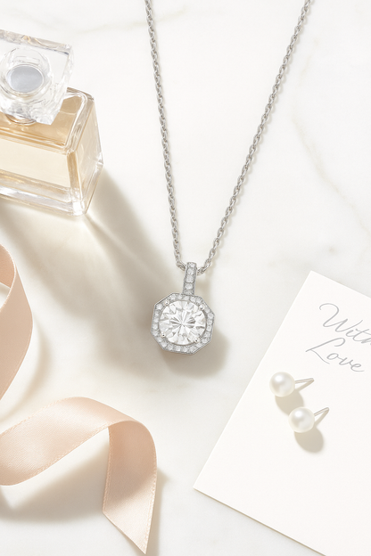 Octagon Halo Solitaire Zircon Pendant Necklace for Women 925 Silver Finish Elegant Party and Daily Wear Chain