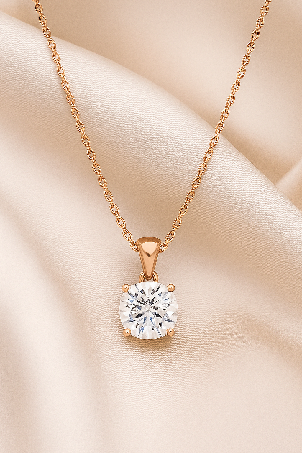 Rose Gold Plated Solitaire Pendant Necklace for Women – Elegant Round CZ Stone Chain