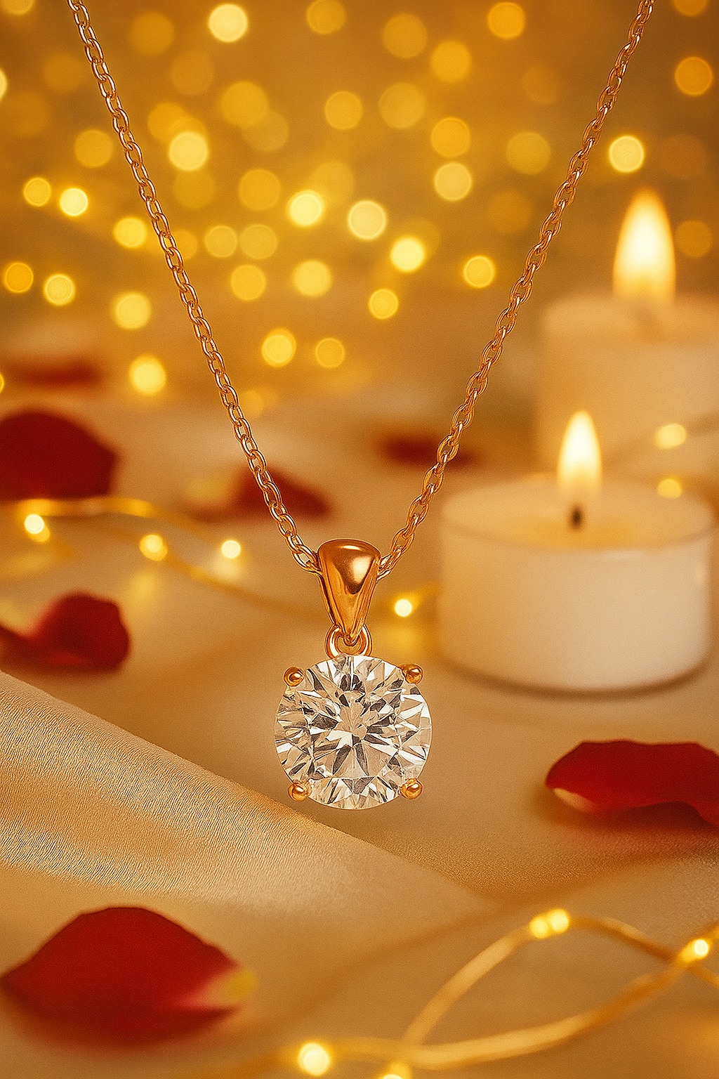 Rose Gold Plated Solitaire Pendant Necklace for Women – Elegant Round CZ Stone Chain