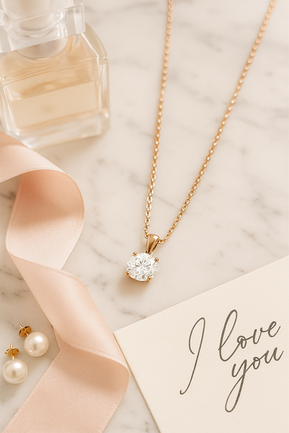 Rose Gold Plated Solitaire Pendant Necklace for Women – Elegant Round CZ Stone Chain