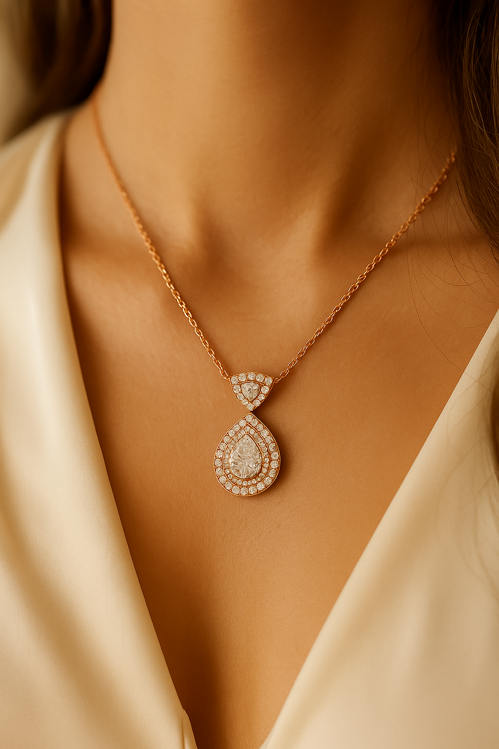 Rose Gold Plated Teardrop Pendant Necklace for Women – Luxury CZ Diamond Design
