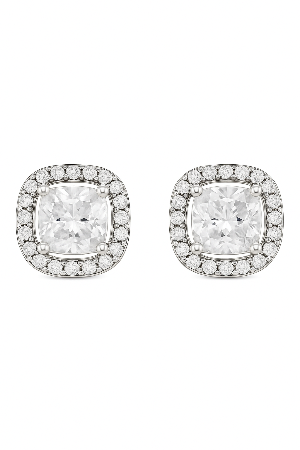 Silver Cushion Stone Halo Zircon High-Sparkle Classic Stud Earrings for Women