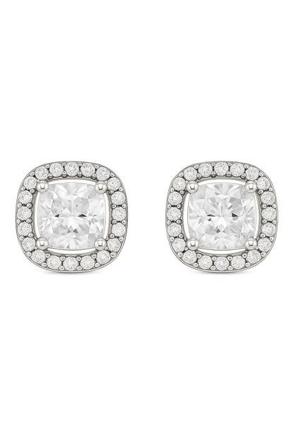Silver Cushion Stone Halo Zircon High-Sparkle Classic Stud Earrings for Women