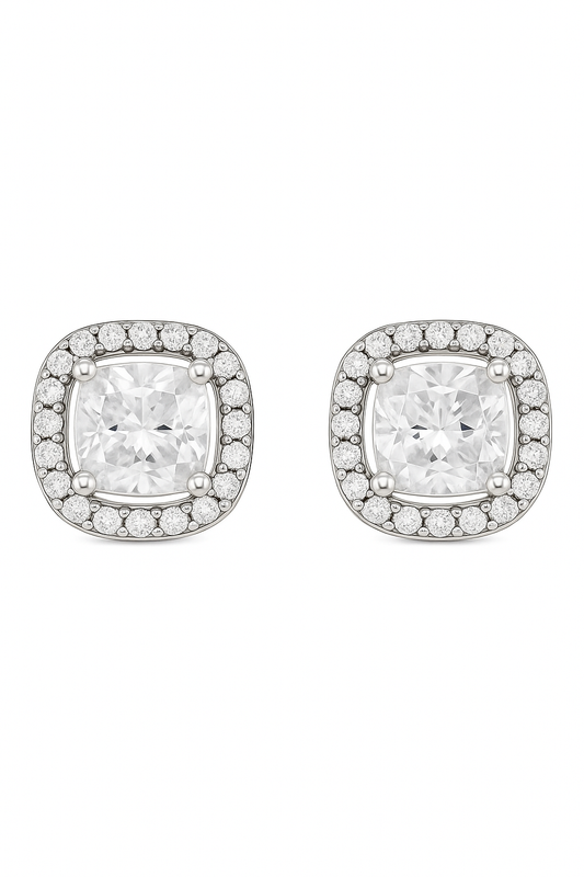 Silver Cushion Stone Halo Zircon High-Sparkle Classic Stud Earrings for Women