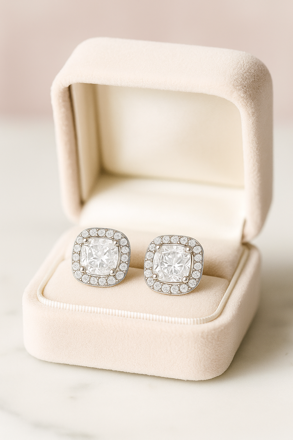 Silver Cushion Stone Halo Zircon High-Sparkle Classic Stud Earrings for Women