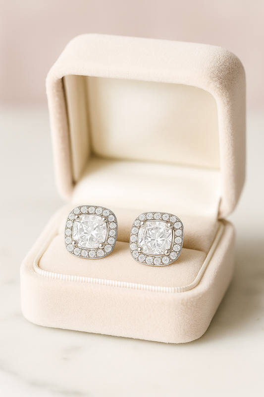 Silver Cushion Stone Halo Zircon High-Sparkle Classic Stud Earrings for Women