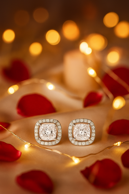 Silver Cushion Stone Halo Zircon High-Sparkle Classic Stud Earrings for Women