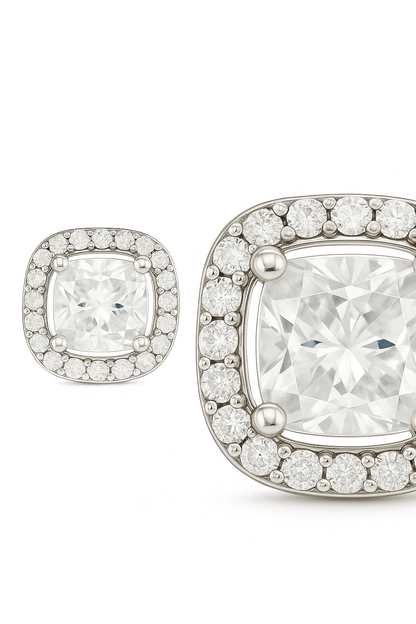 Silver Cushion Stone Halo Zircon High-Sparkle Classic Stud Earrings for Women