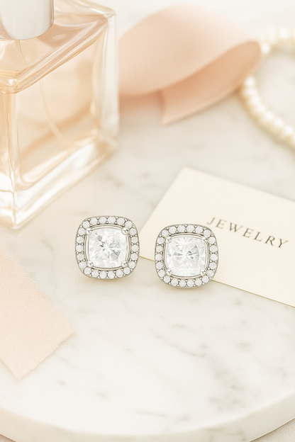 Silver Cushion Stone Halo Zircon High-Sparkle Classic Stud Earrings for Women