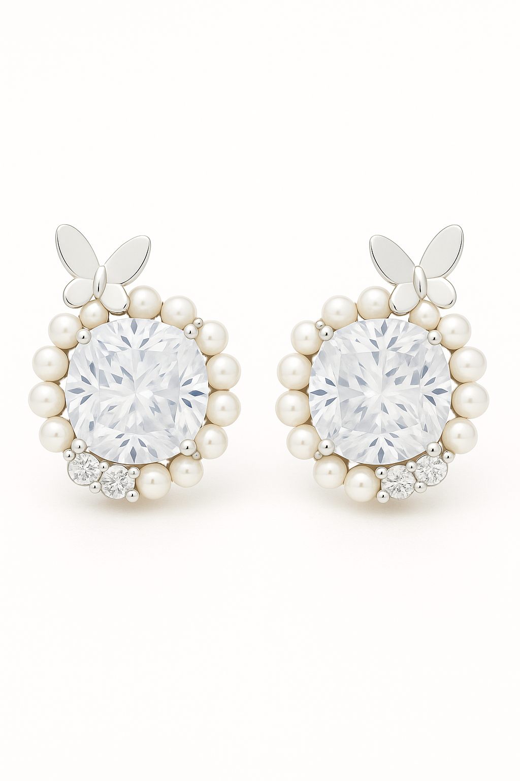 Silver Butterfly Pearl Halo Round Zircon Elegant Stud Earrings for Women