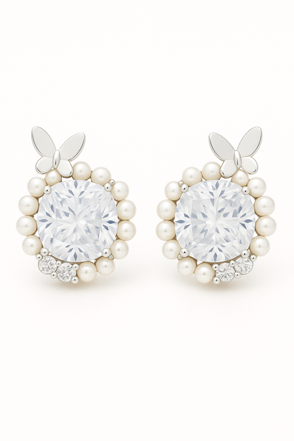 Silver Butterfly Pearl Halo Round Zircon Elegant Stud Earrings for Women