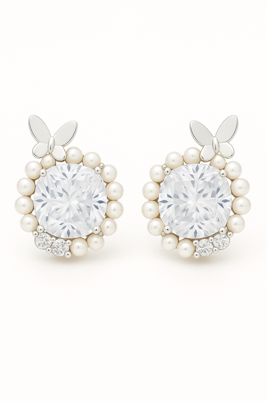 Silver Butterfly Pearl Halo Round Zircon Elegant Stud Earrings for Women