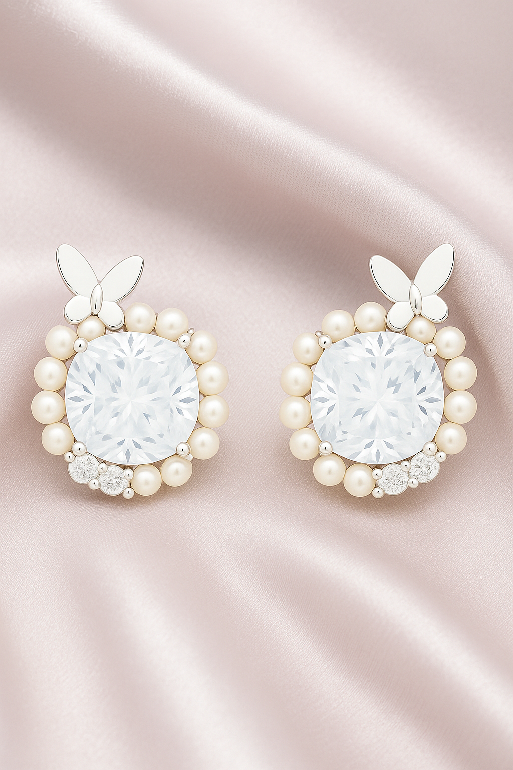 Silver Butterfly Pearl Halo Round Zircon Elegant Stud Earrings for Women