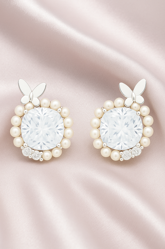 Silver Butterfly Pearl Halo Round Zircon Elegant Stud Earrings for Women