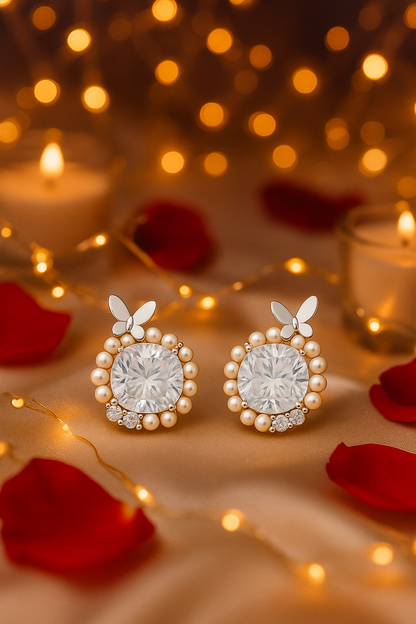 Silver Butterfly Pearl Halo Round Zircon Elegant Stud Earrings for Women