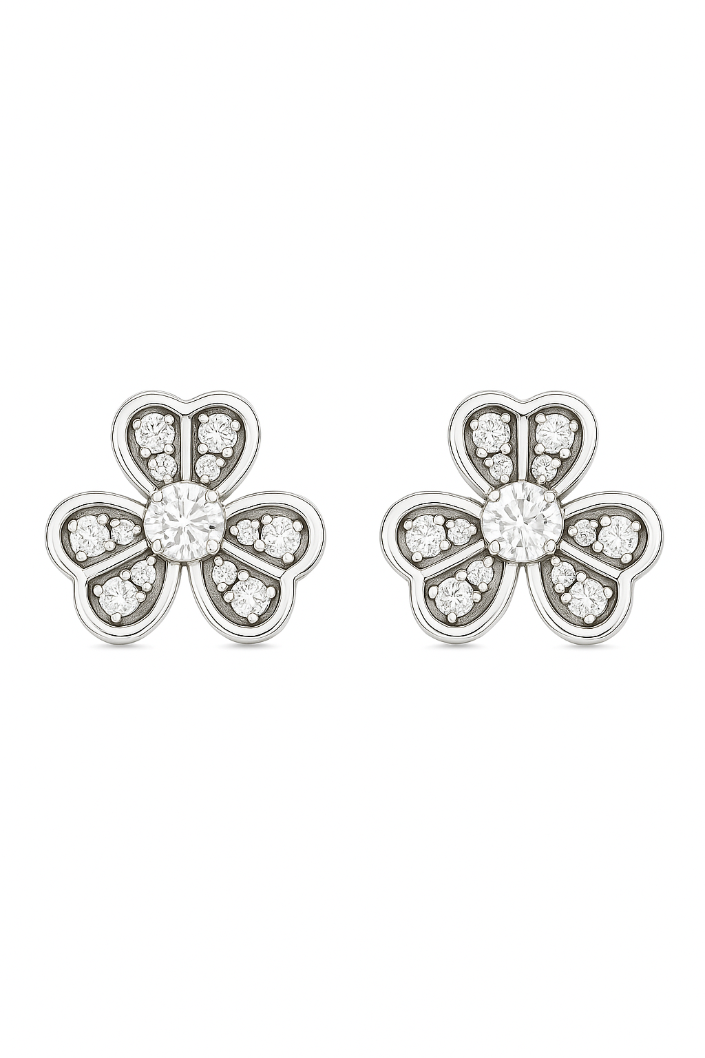 Silver Floral Clover Zircon Sparkle Elegant Stud Earrings for Women