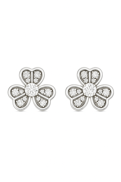 Silver Floral Clover Zircon Sparkle Elegant Stud Earrings for Women