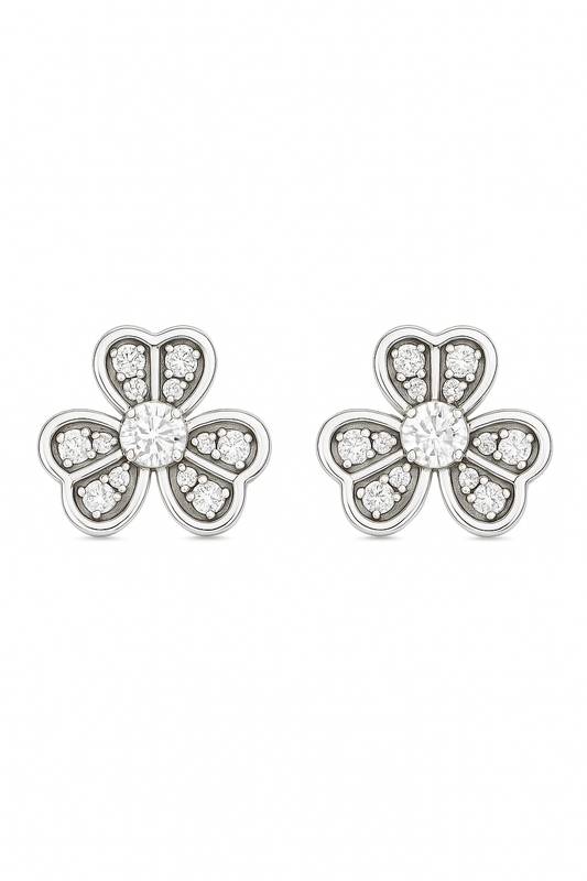 Silver Floral Clover Zircon Sparkle Elegant Stud Earrings for Women