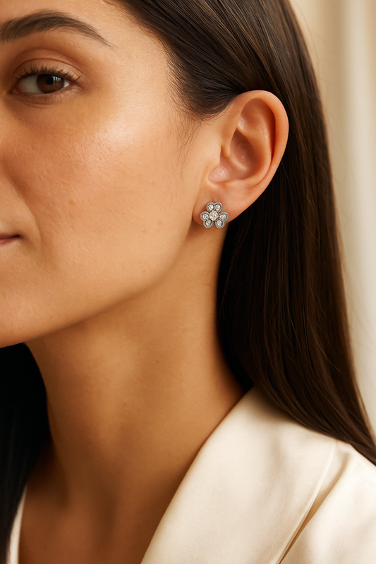 Silver Floral Clover Zircon Sparkle Elegant Stud Earrings for Women