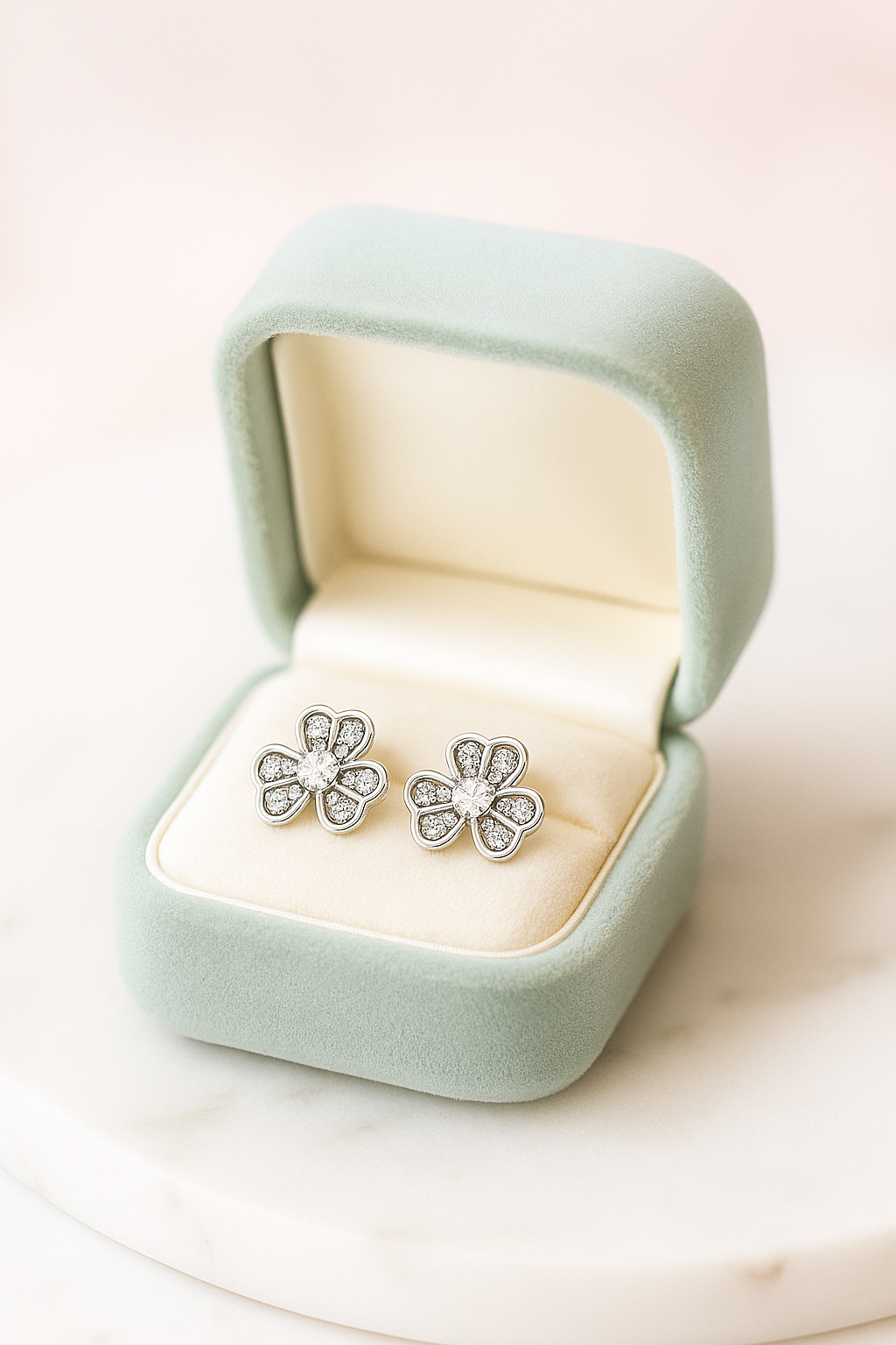 Silver Floral Clover Zircon Sparkle Elegant Stud Earrings for Women