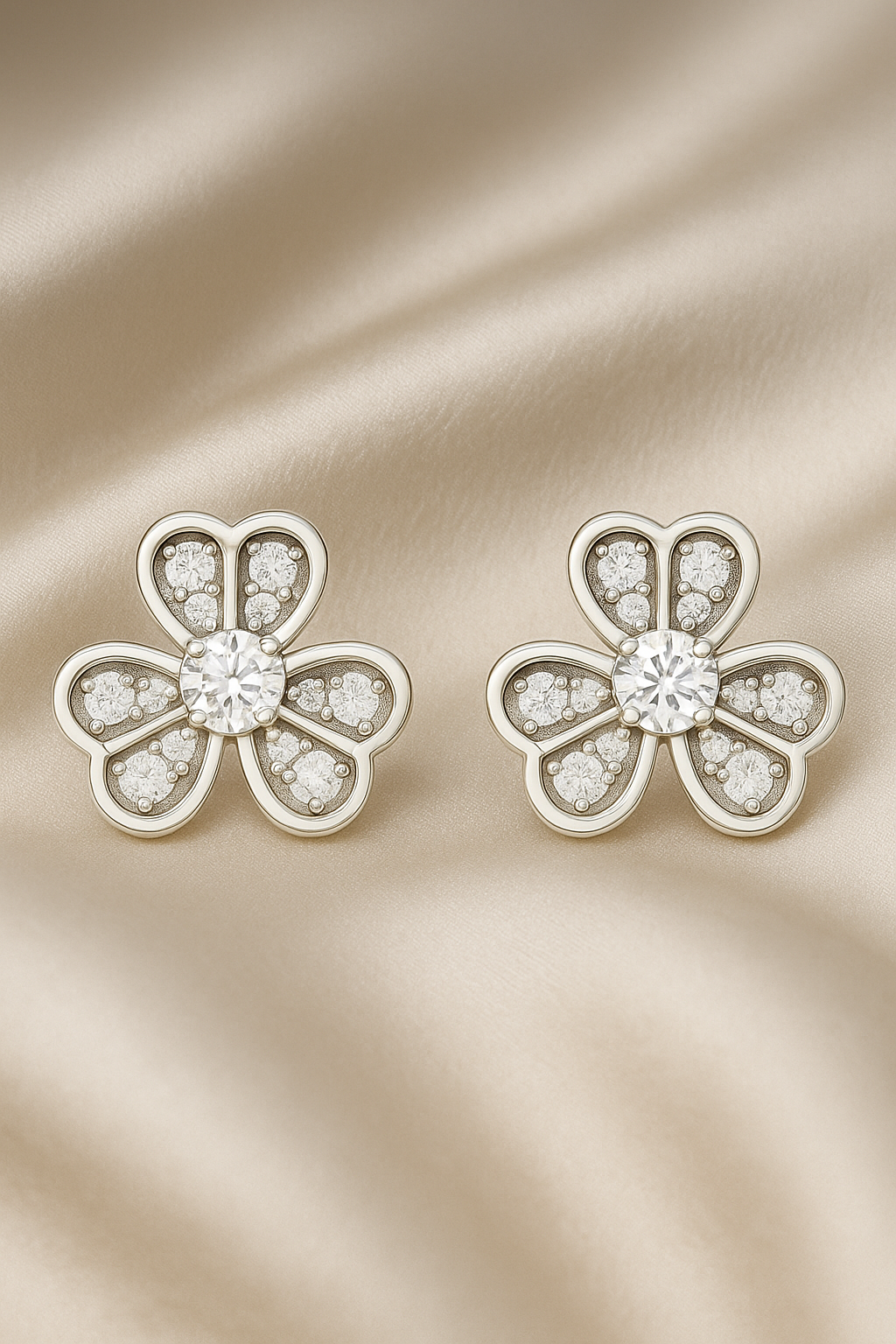 Silver Floral Clover Zircon Sparkle Elegant Stud Earrings for Women