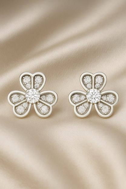 Silver Floral Clover Zircon Sparkle Elegant Stud Earrings for Women