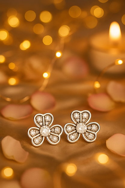 Silver Floral Clover Zircon Sparkle Elegant Stud Earrings for Women