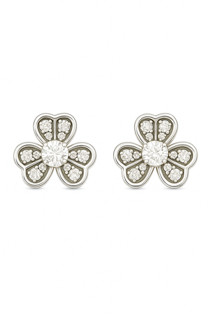 Silver Floral Clover Zircon Sparkle Elegant Stud Earrings for Women