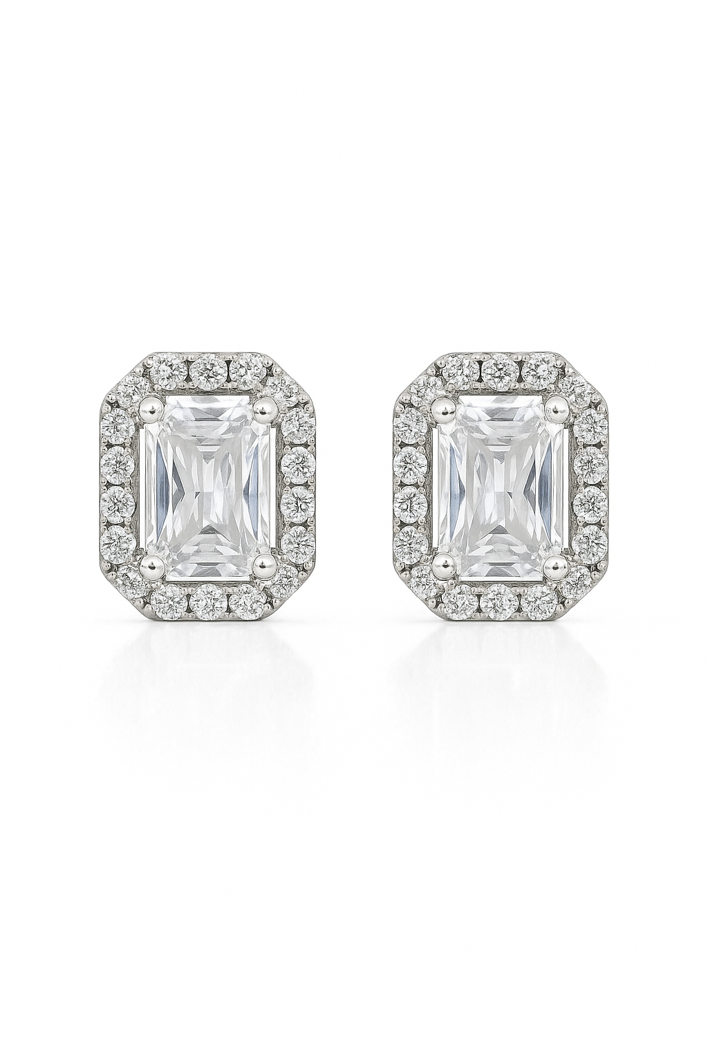 925 Silver Classic Emerald Cut Zircon Halo Stud Earrings for Women