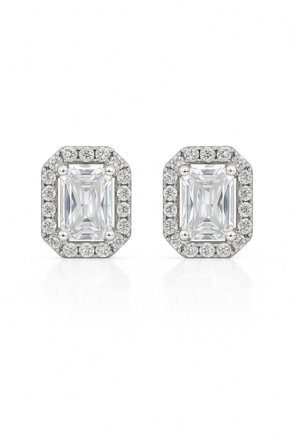 925 Silver Classic Emerald Cut Zircon Halo Stud Earrings for Women