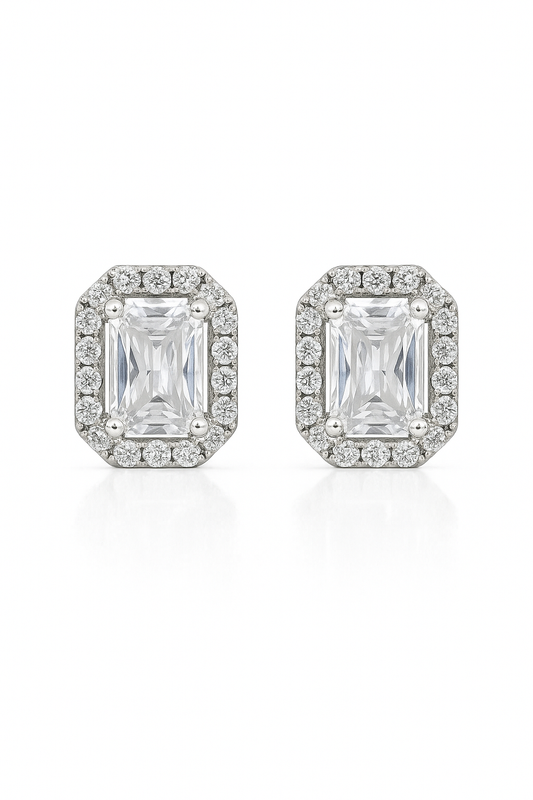 925 Silver Classic Emerald Cut Zircon Halo Stud Earrings for Women