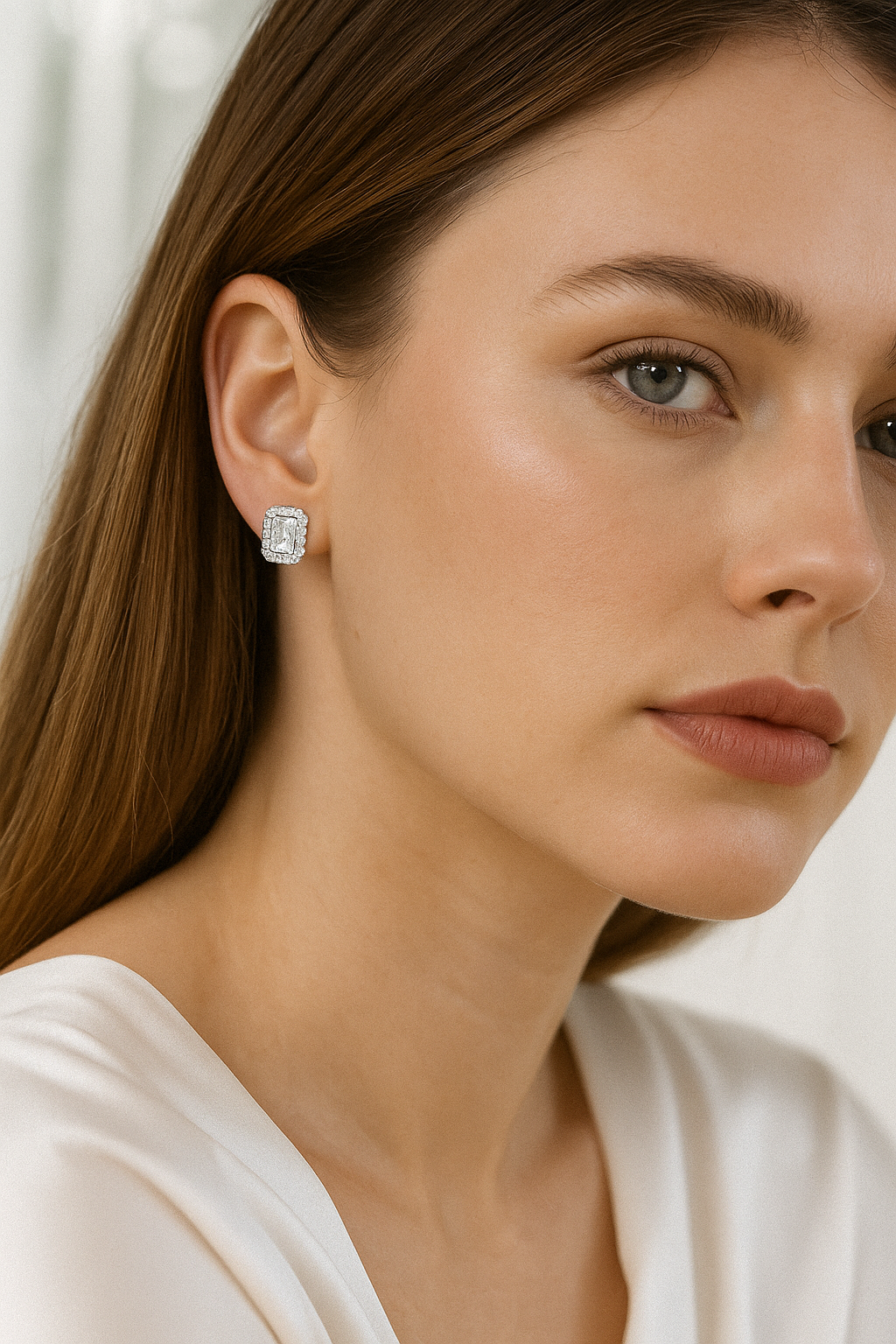 925 Silver Classic Emerald Cut Zircon Halo Stud Earrings for Women