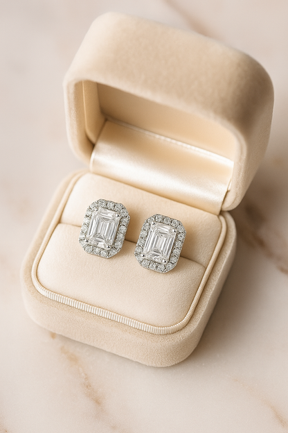 925 Silver Classic Emerald Cut Zircon Halo Stud Earrings for Women