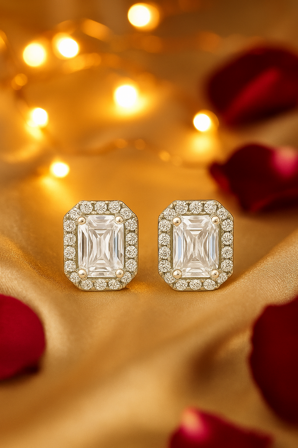 925 Silver Classic Emerald Cut Zircon Halo Stud Earrings for Women