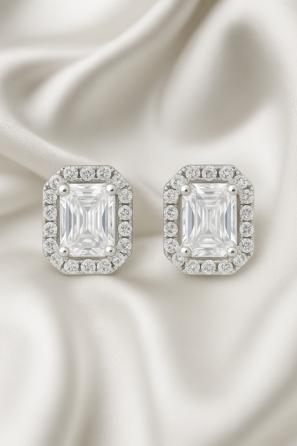 925 Silver Classic Emerald Cut Zircon Halo Stud Earrings for Women