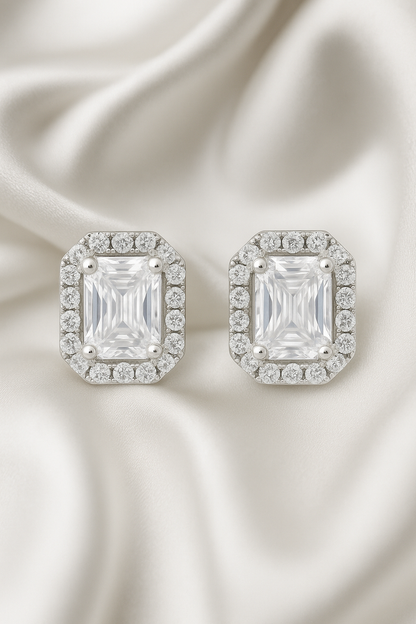 925 Silver Classic Emerald Cut Zircon Halo Stud Earrings for Women