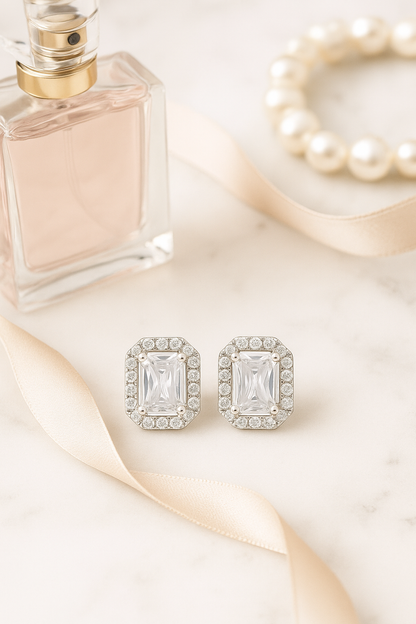 925 Silver Classic Emerald Cut Zircon Halo Stud Earrings for Women