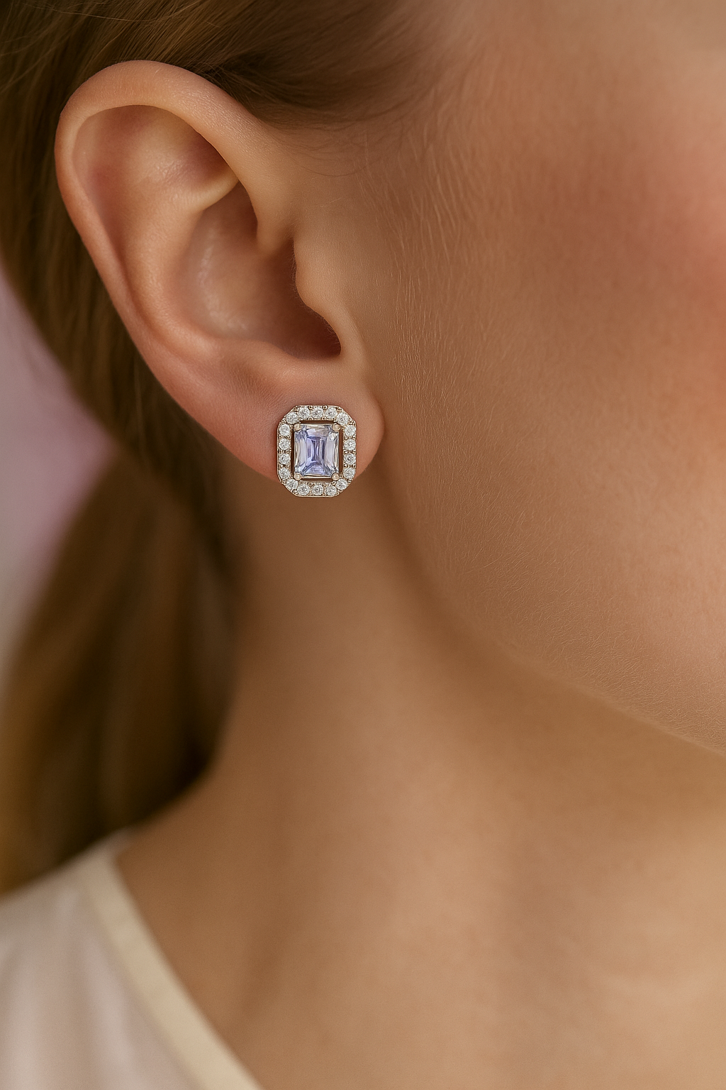 925 Silver Classic Emerald Cut Zircon Halo Stud Earrings for Women